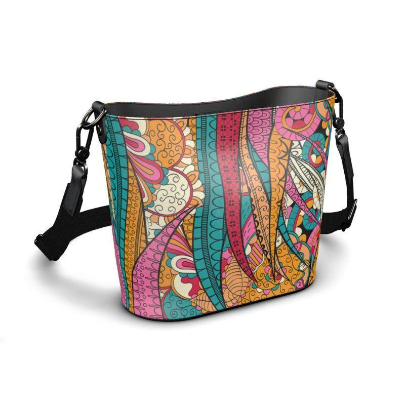 Taki Large Smooth Real Leather Shoulder Bucket Tote - All Over Print - Multicolor Abstract Floral