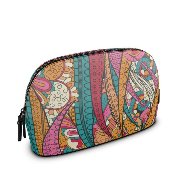 Taki Large Smooth Real Leather Makeup Pouch Bag - Multicolor Abstract Floral Print - Clamshell - Psychedelic