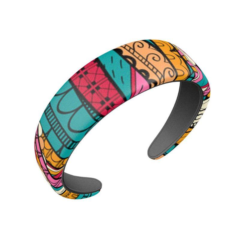 Taki Smooth Leather Headband - Large - Abstract Kaleidoscope Multicolor Print - Retro Psychedelic