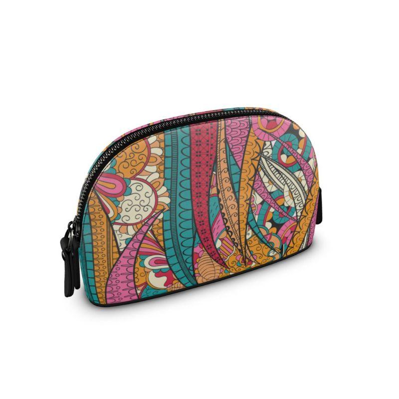 Taki Small Real Leather Makeup Pouch Bag - Multicolor Abstract Floral Print - Clamshell - Psychedelic