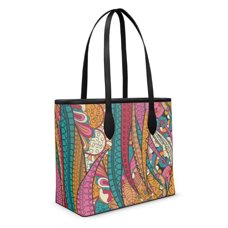 Taki Smooth Real Leather Shopper Tote Bag - All Over Multicolor Abstract Floral Print