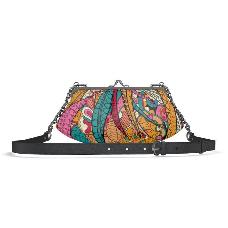 Taki Large Pleated Crossbody Leather Clutch - Abstract Paisley Retro Psychedelic Print - Handmade in England - Chain & Adjustable Leather Strap