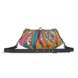 Taki Large Pleated Crossbody Leather Clutch - Abstract Paisley Retro Psychedelic Print - Handmade in England - Chain & Adjustable Leather Strap