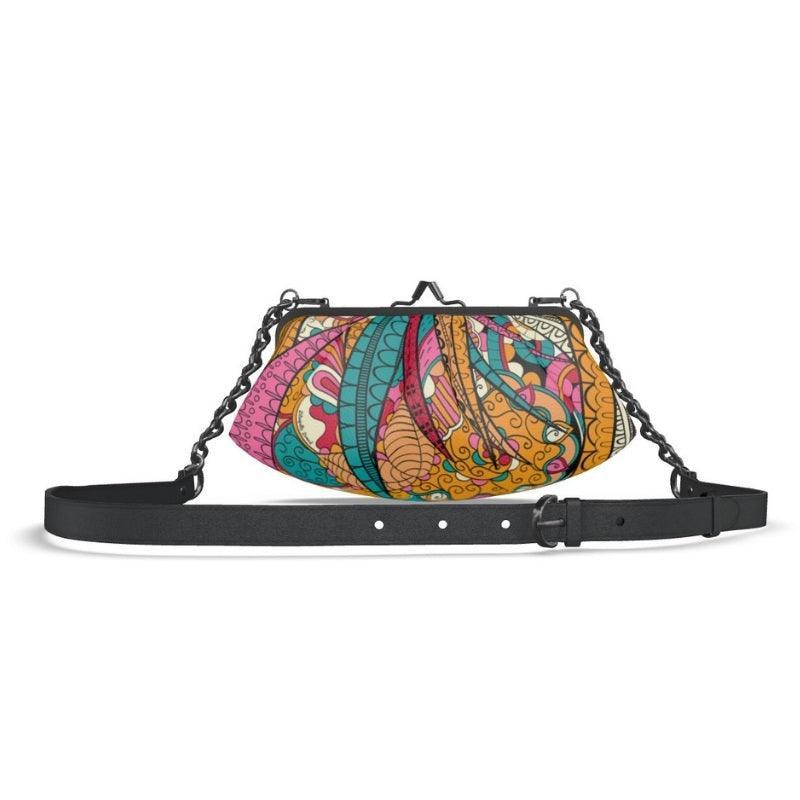Taki Small Pleated Crossbody Leather Clutch - Abstract Paisley Retro Psychedelic Print - Handmade in England - Chain Strap - Metal Frame