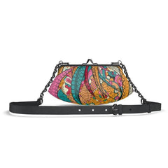 Taki Small Pleated Crossbody Leather Clutch - Abstract Paisley Retro Psychedelic Print - Handmade in England - Chain Strap - Metal Frame