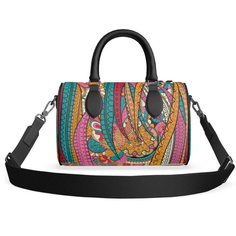 Taki Mini Textured Leather Barrel Duffle Hand & Shoulder Bag - Abstract Paisley Retro Multicolor Print - Handmade in England