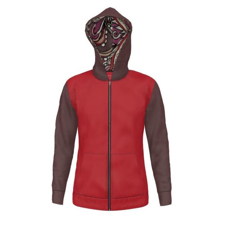 Unisex Women's Zip Up Hoodie - Color Block - Deep Tall Poppy Red - Brown - Long Sleeve - Soft Loopback Jersey  Handmade In England