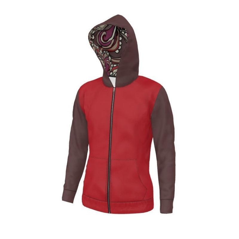 Unisex Women's Zip Up Hoodie - Color Block - Deep Tall Poppy Red - Brown - Long Sleeve - Soft Loopback Jersey Handmade In England