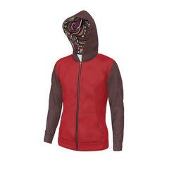 Unisex Women's Zip Up Hoodie - Color Block - Deep Tall Poppy Red - Brown - Long Sleeve - Soft Loopback Jersey Handmade In England