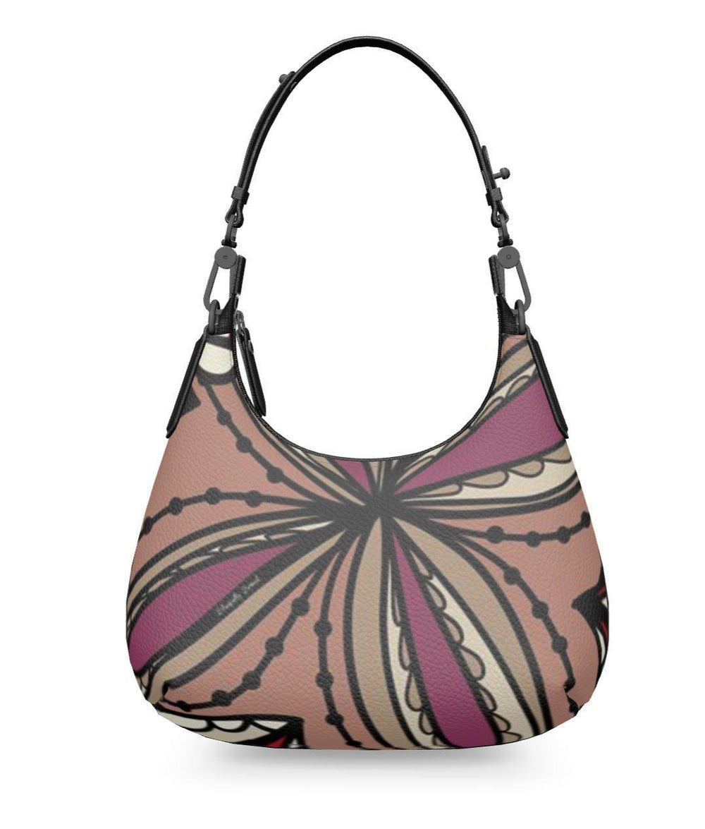 Unia Small Textured Leather Curved Shoulder Bag - Abstract Floral Print in Brown & Violet