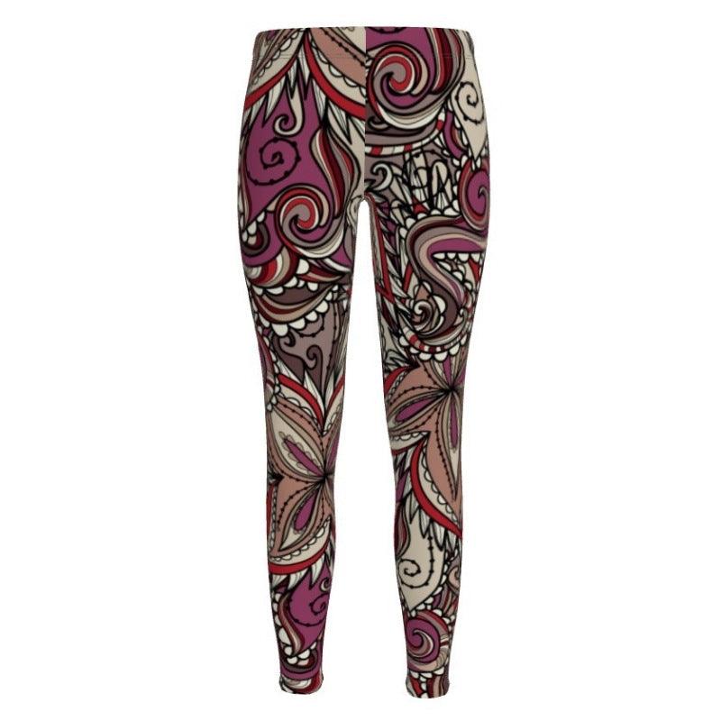 Unia LYCRA Leggings - Abstract Paisley Floral Retro Mandala Swirl Print - Dark Red Brown - Handmade in England - Elastane Spandex