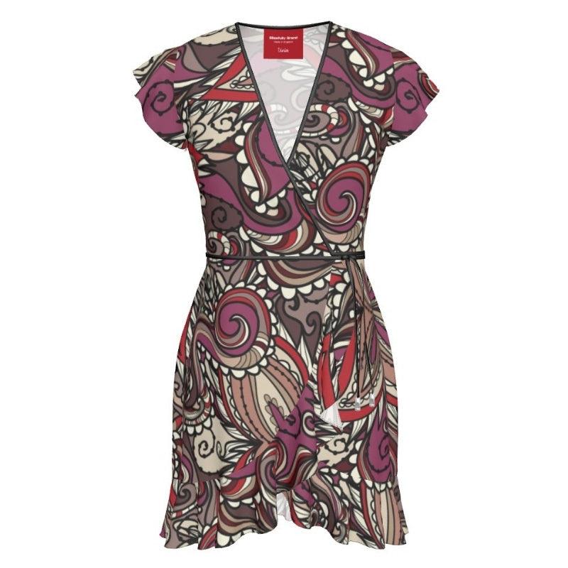 Unia Flounce Wrap Dress - Dark Abstract Paisley Print - Brown Red - Floral - Psychedelic Swirl Retro - Tea Dress - Bold - Vibrant