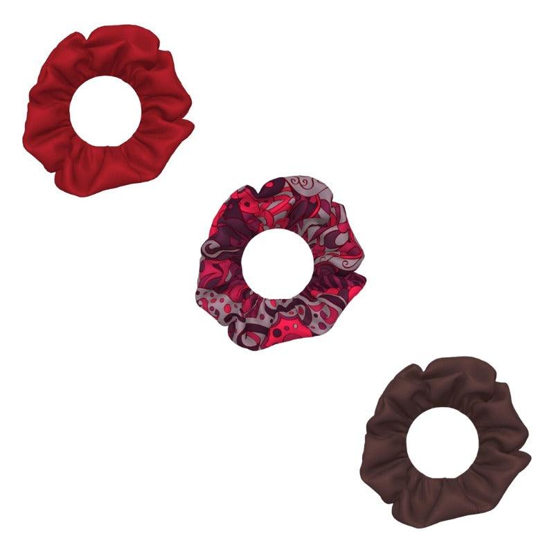 Unia Scrunchie 3 pack - Silk & Velour Paisley Floral Red & Brown Pattern Print Dark Solids Handmade in England Coordinates