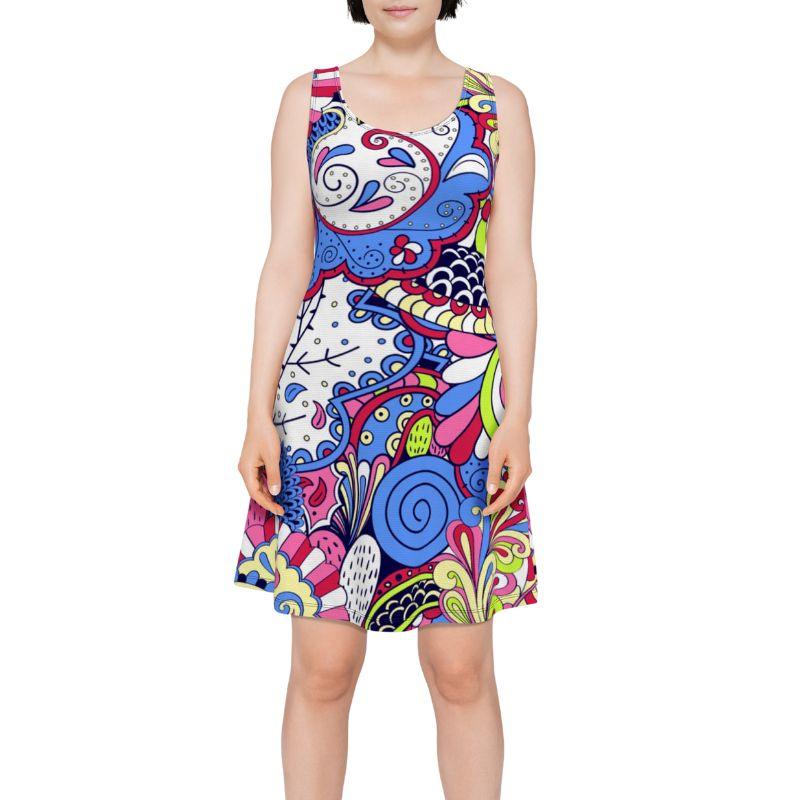 Sechia Mini Skater Dress - Psychedelic Paisley Multicolor Print Retro Mod Colorful Bold Vibrant Floral Swirls Scales Blue Pink Red