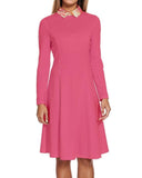 Keki Brink Pink Long Sleeve Collar Courtesy A-line Dress Flare Skater Solid Coordinate Pattern Collar Bold Vibrant