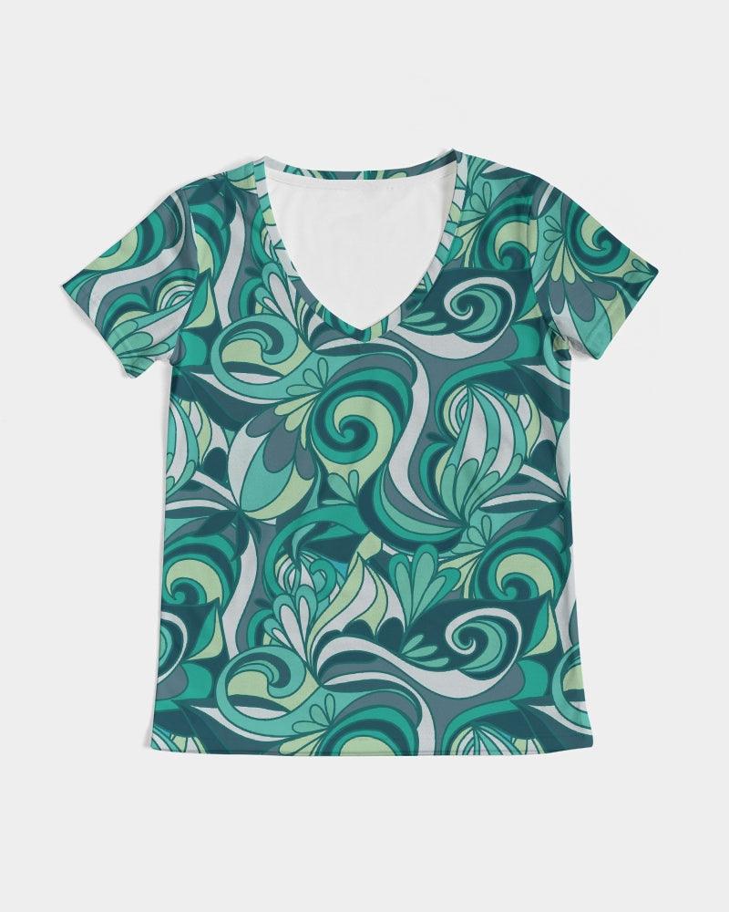 Mima Fitted V-Neck Women's Tee Top - Swirly Abstract Floral Print