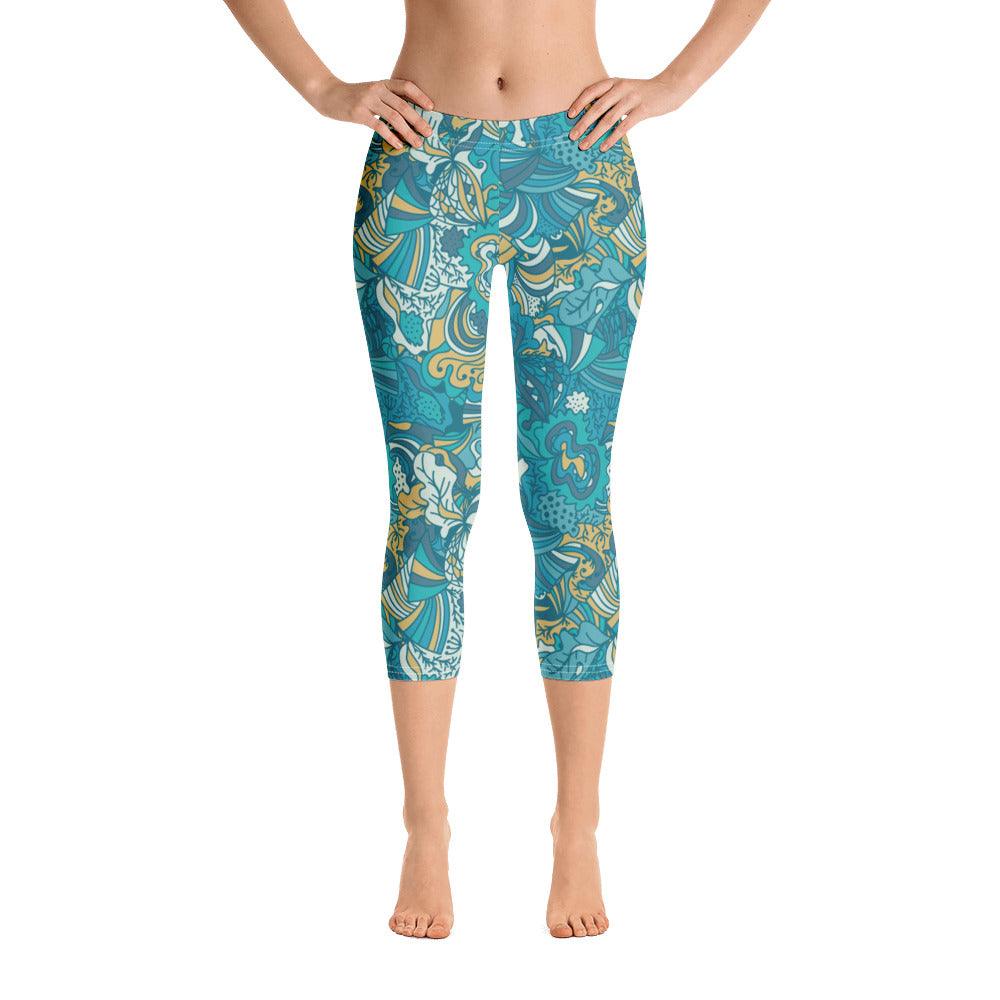 Masu Mid-Rise Capri Cropped Leggings - Abstract Pastel All Over Print - Blue | Green - Soft & Everyday Comfort