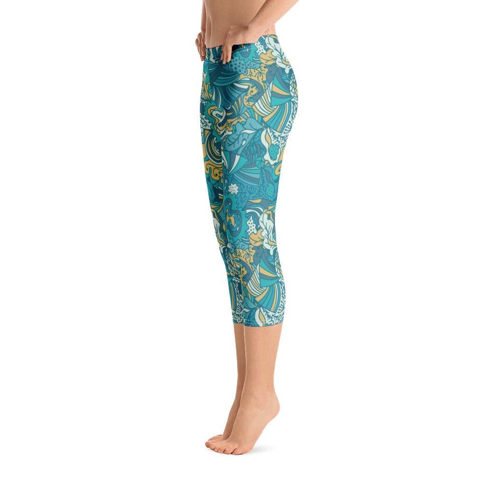 Masu Capri Cropped Leggings - Abstract Pastel All Over Print - Blue | Green - Soft & Everyday Comfort