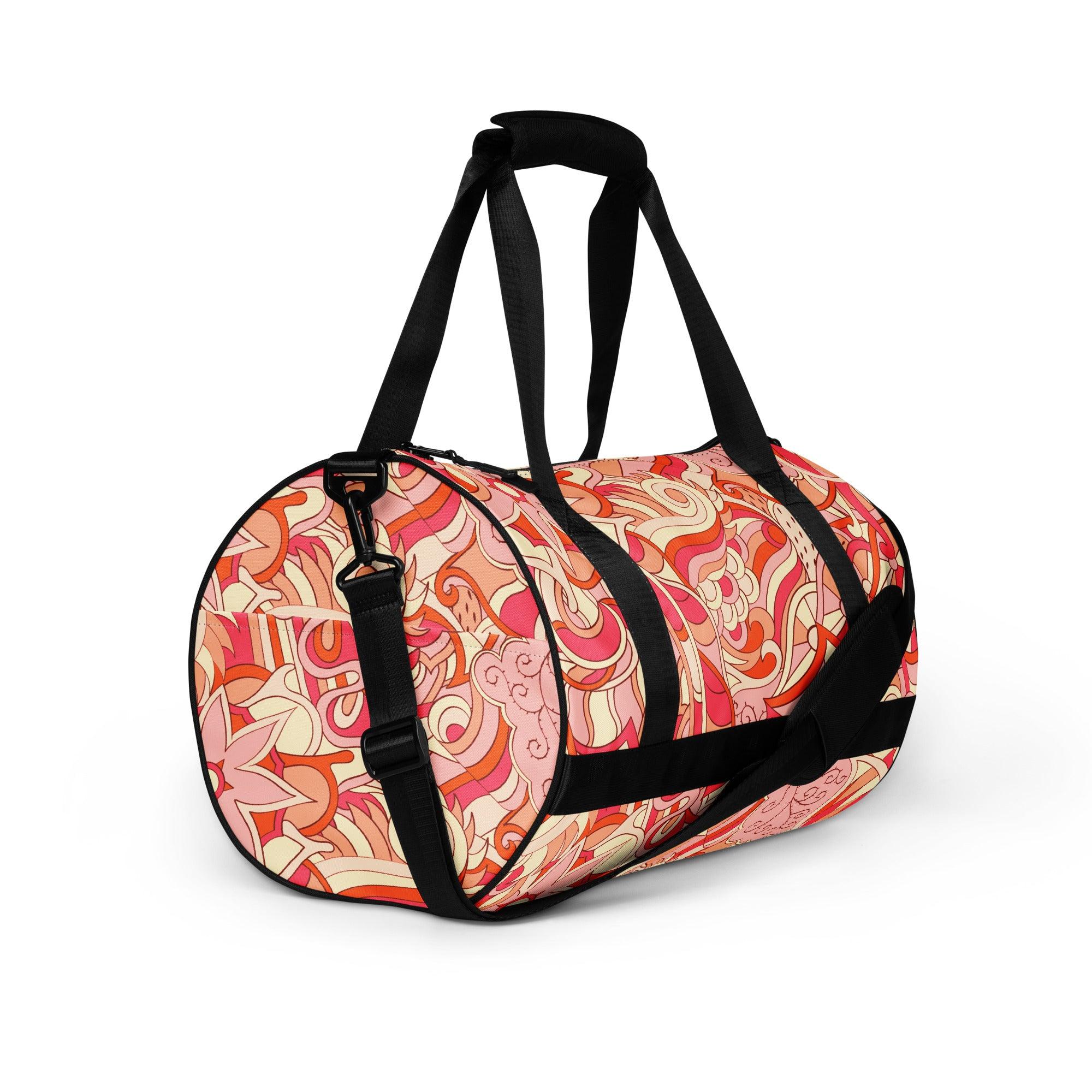 Keki Sport & Travel Large Duffle Barrel Bag - Abstract All Over Print - Pink | Orange - Retro Kaleidoscope