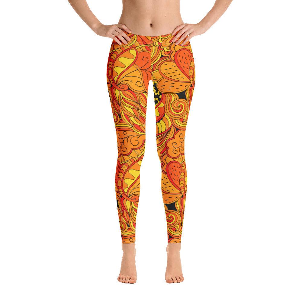 Mandra Mid-Rise Leggings - Orange & Yellow Abstract Psychedelic Retro Floral Print - Women's Activewear