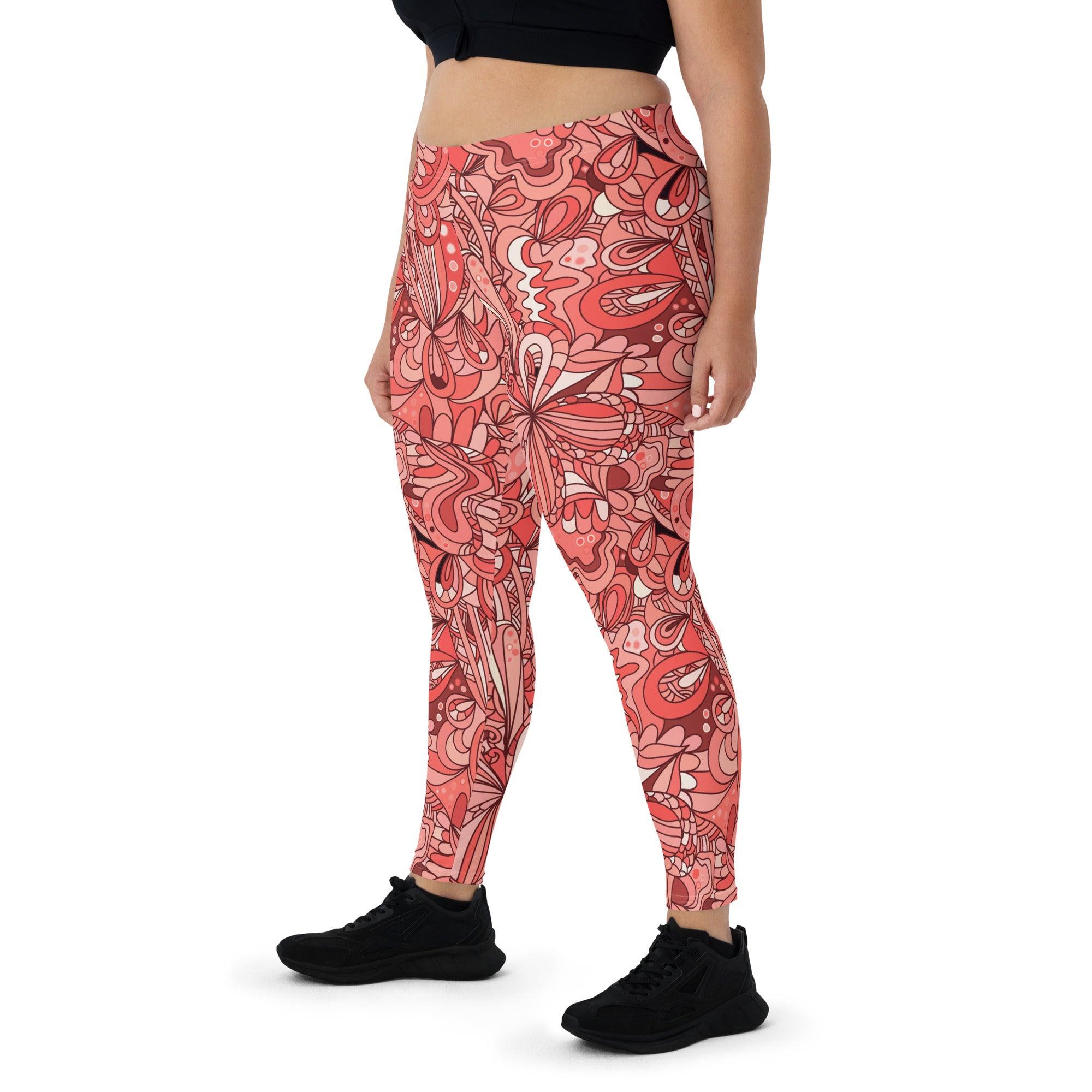 Citra Mid-Rise Leggings - Abstract All Over Floral Retro Print - Red | Orange Plus Size XL