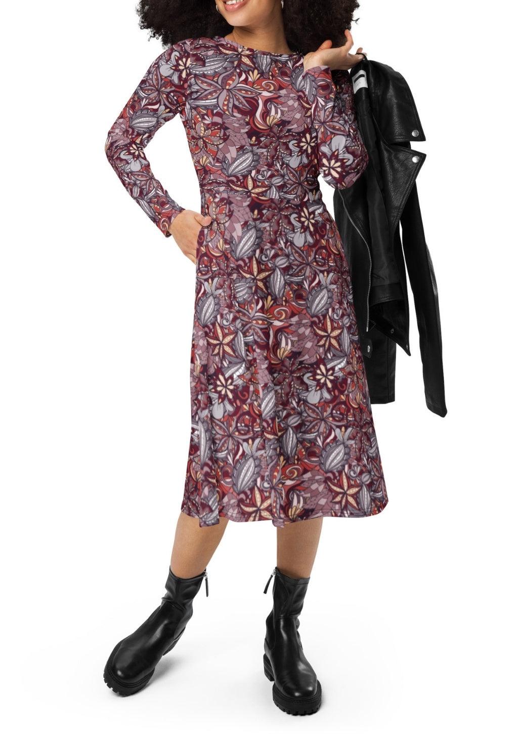 Biei Long Sleeve Midi Fit & Flare Pocket Dress - Dark Abstract Floral Print - Retro All Over Print Paisley Floral Abstract
