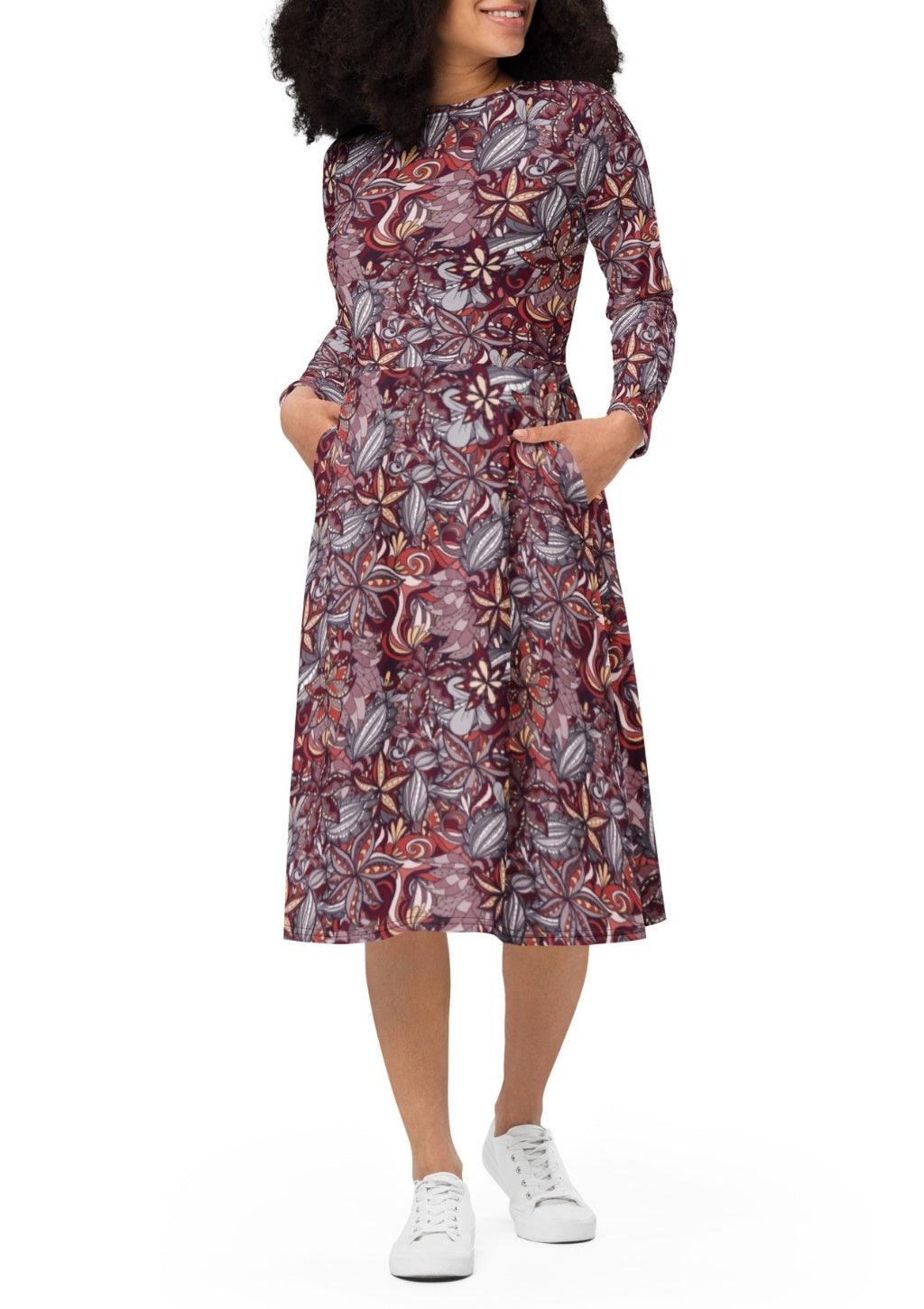 Biei Long Sleeve Midi Fit & Flare Pocket Dress  - Dark Abstract Floral Print - Retro All Over Print Paisley Floral Abstract - Plus Size 