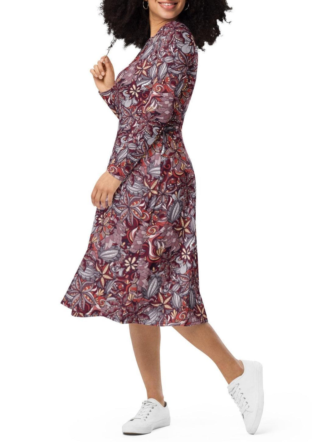 Biei Long Sleeve Midi Fit & Flare Pocket Dress - Dark Abstract Floral Print - Retro All Over Print Paisley Floral Abstract
