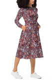 Biei Long Sleeve Midi Fit & Flare Pocket Dress - Dark Abstract Floral Print - Retro All Over Print Paisley Floral Abstract
