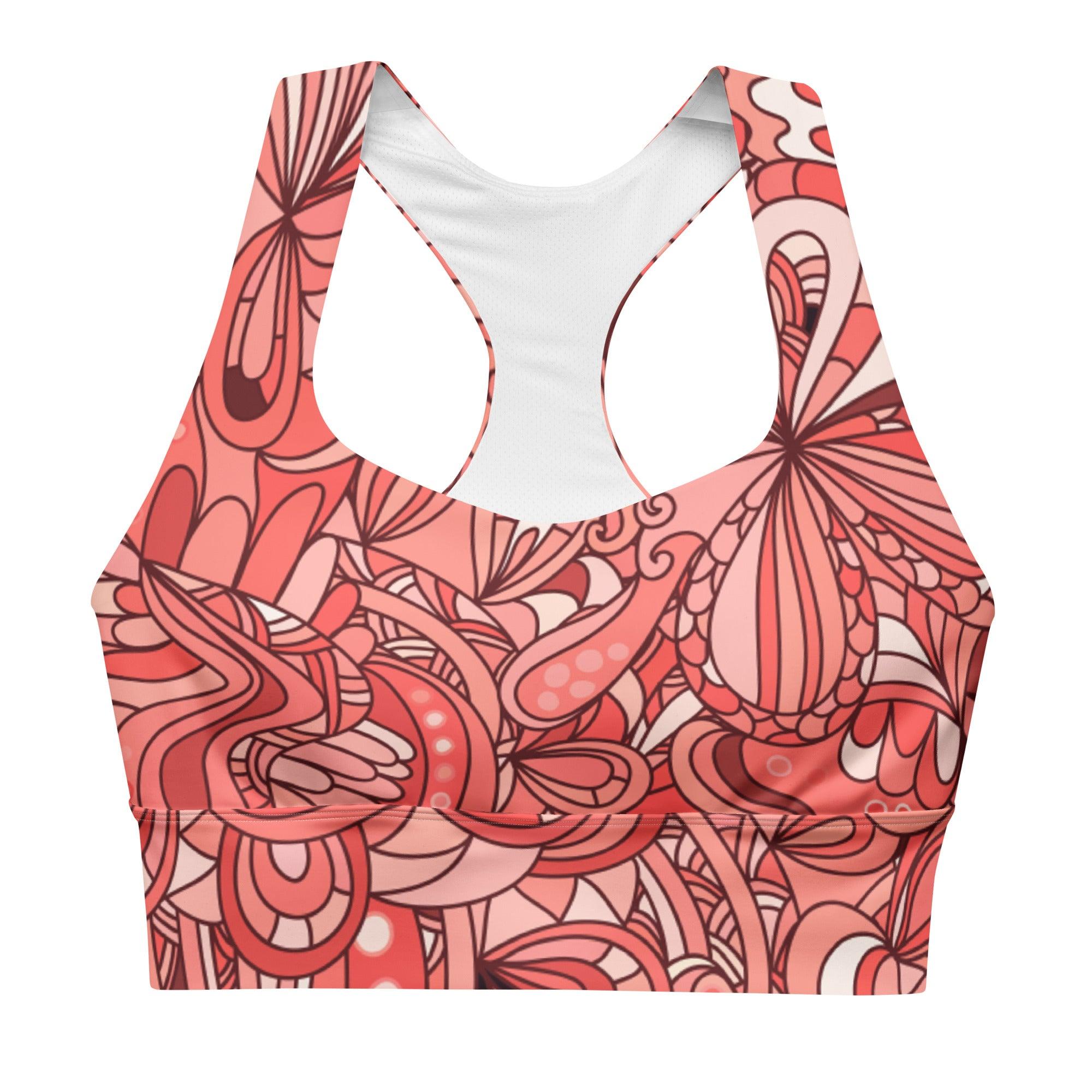 Citra Longline Sports Bra - All Over Abstract Kaleidoscope Print Floral  - Pink | Red - Removable Padding - Double Layered - Workout - Gym