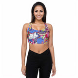 Sechia Longline Sports Bra - All Over Print - Abstract Floral Pink Blue - Double Layered - Padded - Psychedelic Kaleidoscope Print