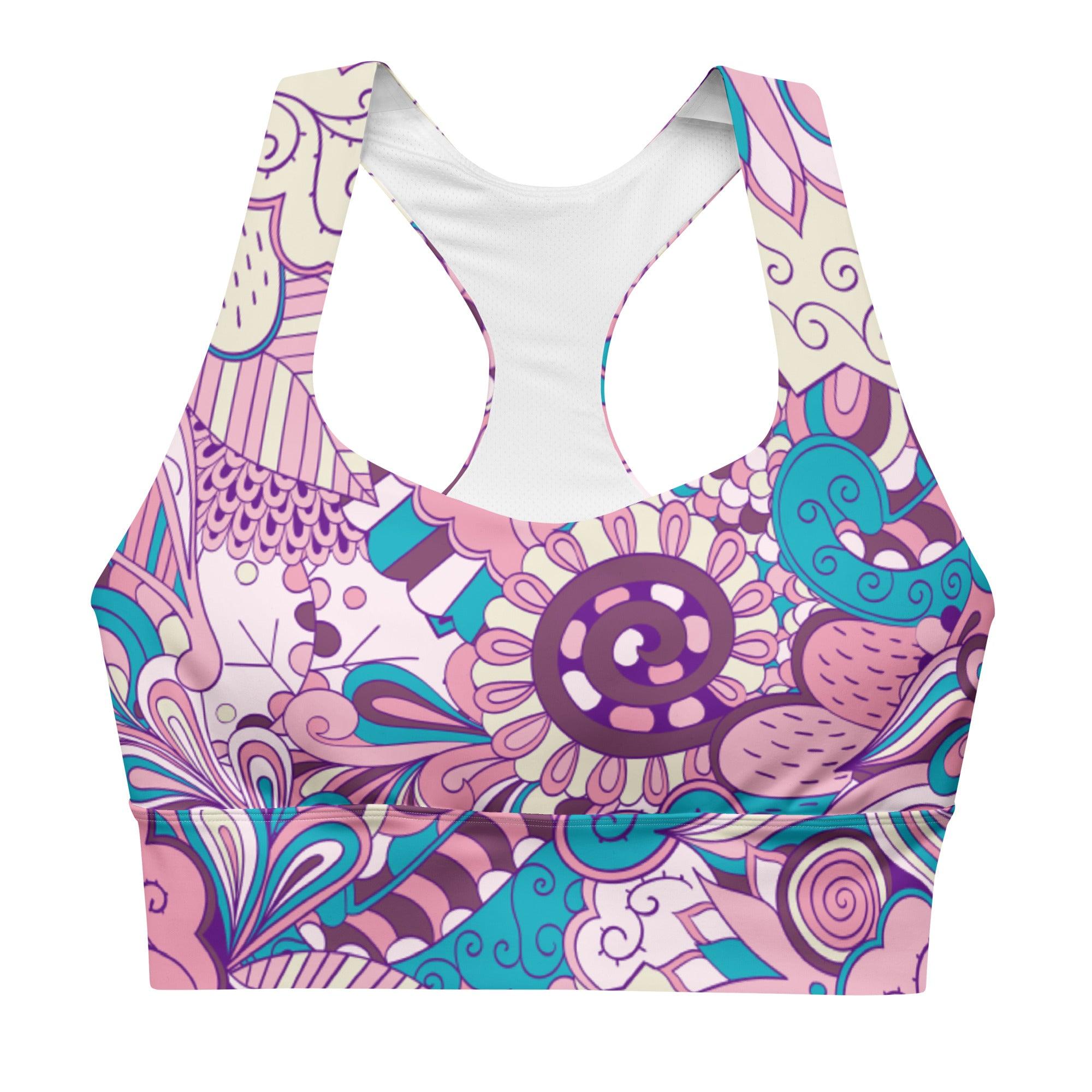 Antina Longline Sports Bra - All Over Abstract Psychedelic Print - Pink Violet