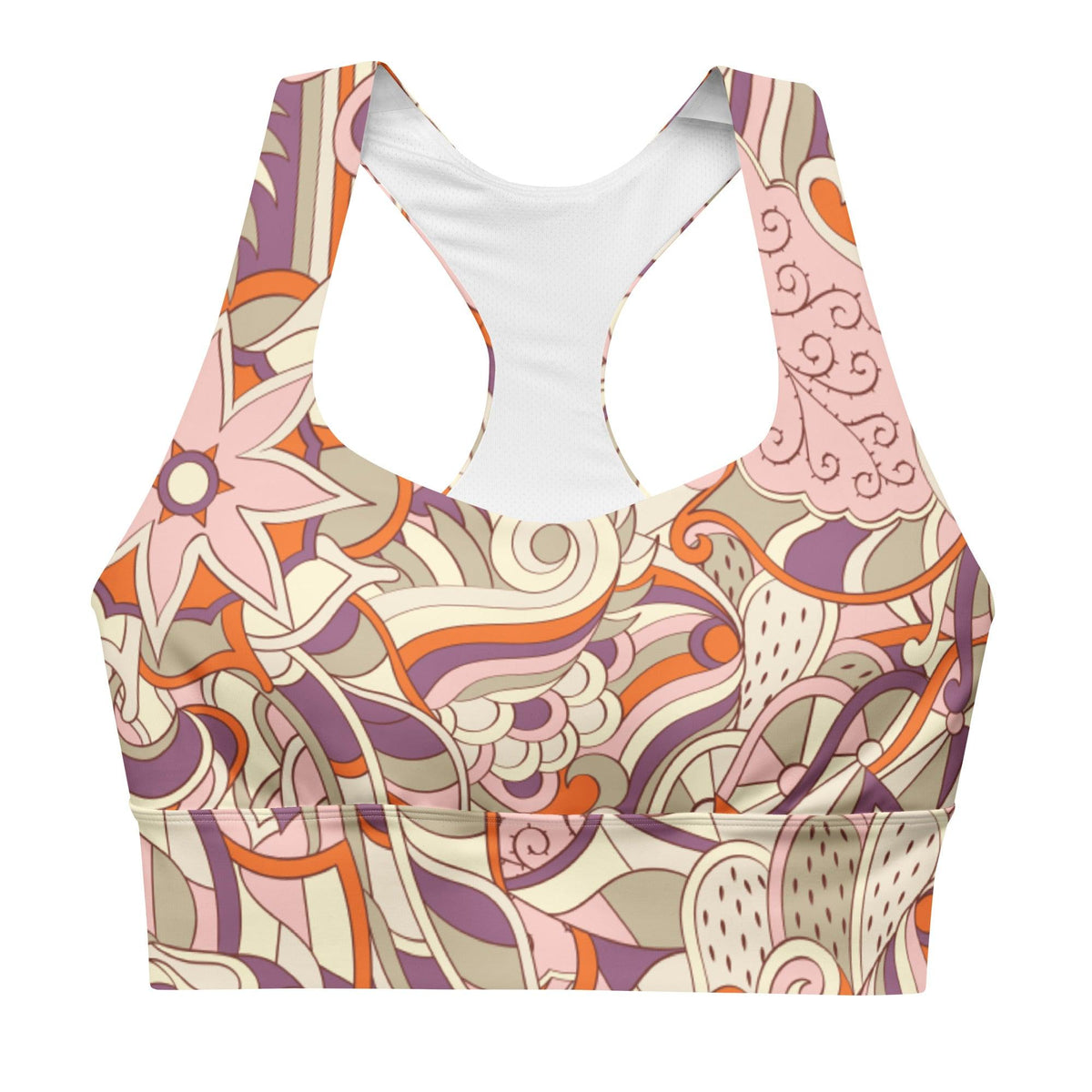 Amai Longline Sports Bra - Abstract All Over Psychedelic Kaleidoscope Paisley Print - Pink Orange - Padded - Women's Activewear