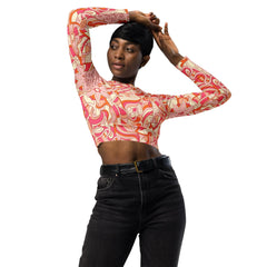 Keki Active Long Sleeve Crop Top - Abstract Paisley & Floral Print - Activewear Retro Psychedelic Pink Orange - All Over Print - Gym - Workout - Vibrant - Plus Size - Athleisure