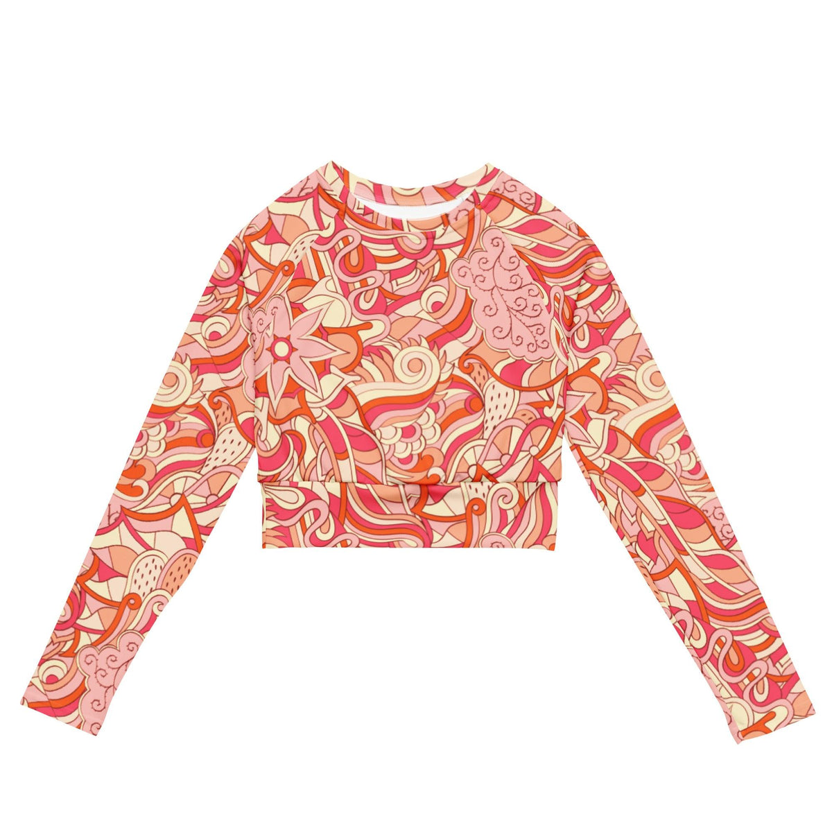Keki Active Long Sleeve Crop Top - Abstract Paisley & Floral Print - Activewear Retro Psychedelic Pink Orange - All Over Print - Gym - Workout - Athleisure - Vibrant - Plus Size - Coordinates