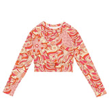 Keki Active Long Sleeve Crop Top - Abstract Paisley & Floral Print - Activewear Retro Psychedelic Pink Orange - All Over Print - Gym - Workout - Athleisure - Vibrant - Plus Size - Coordinates