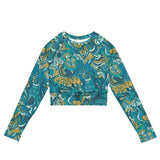 Masu Active Long Sleeve Crop Top - Abstract Paisley & Floral Print - Activewear Retro Psychedelic Blue Green Orange - All Over Print - Gym - Workout - Athleisure - Vibrant - Plus Size - Coordinates