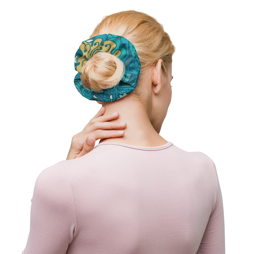 Masu Hair Bow Scrunchie - All Over Print - Pastel Blue Green Abstract  Retro Floral