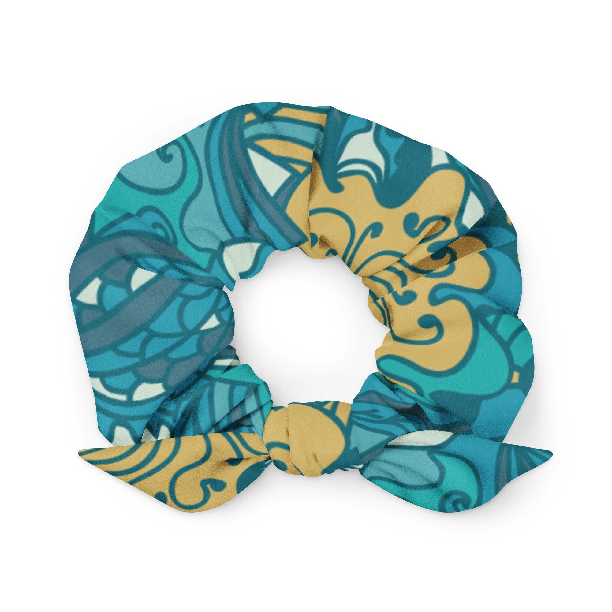 Masu Hair Bow Scrunchie - All Over Print - Pastel Blue Green Abstract Floral