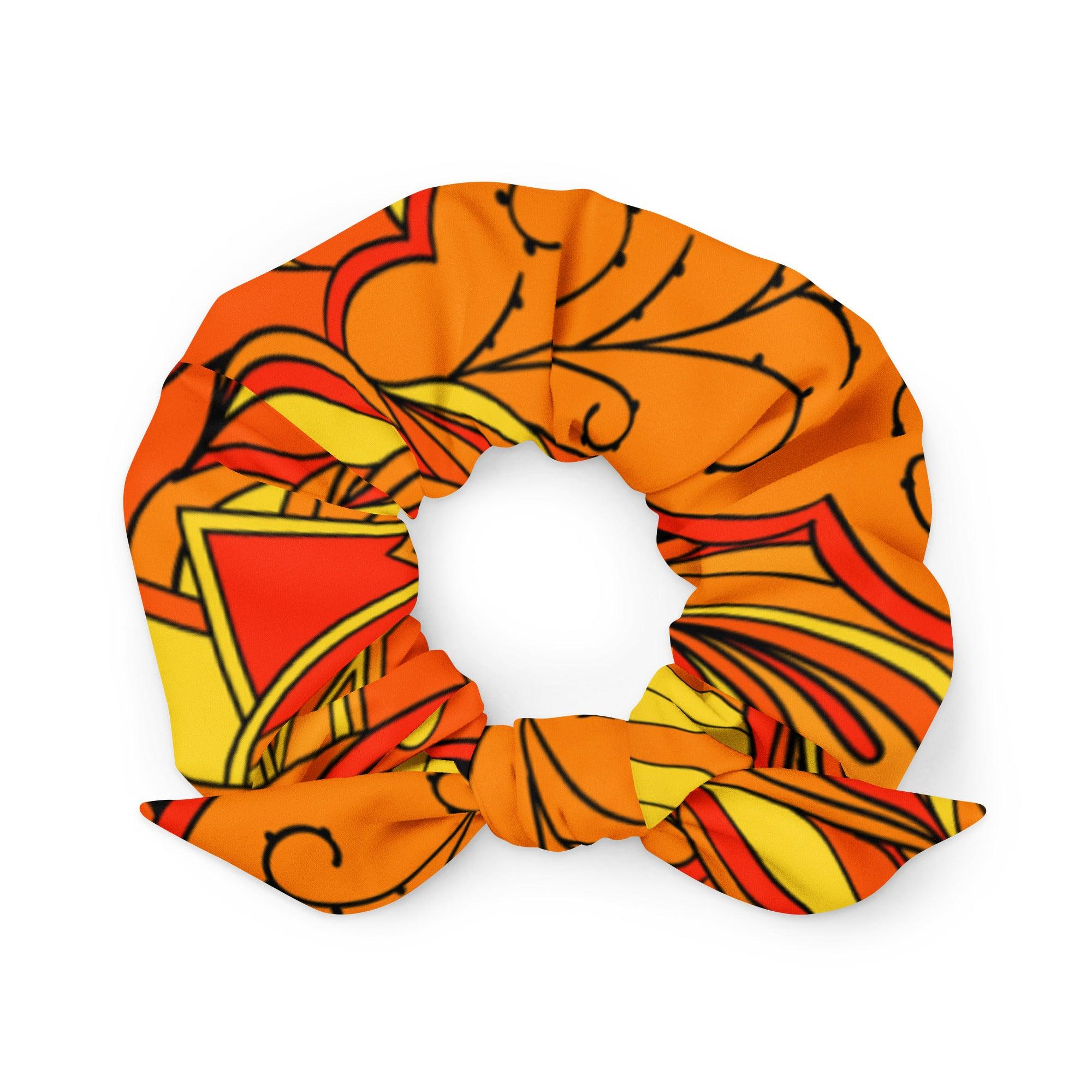 Mandra Hair Bow Scrunchie - Orange & Yellow Abstract Floral Print