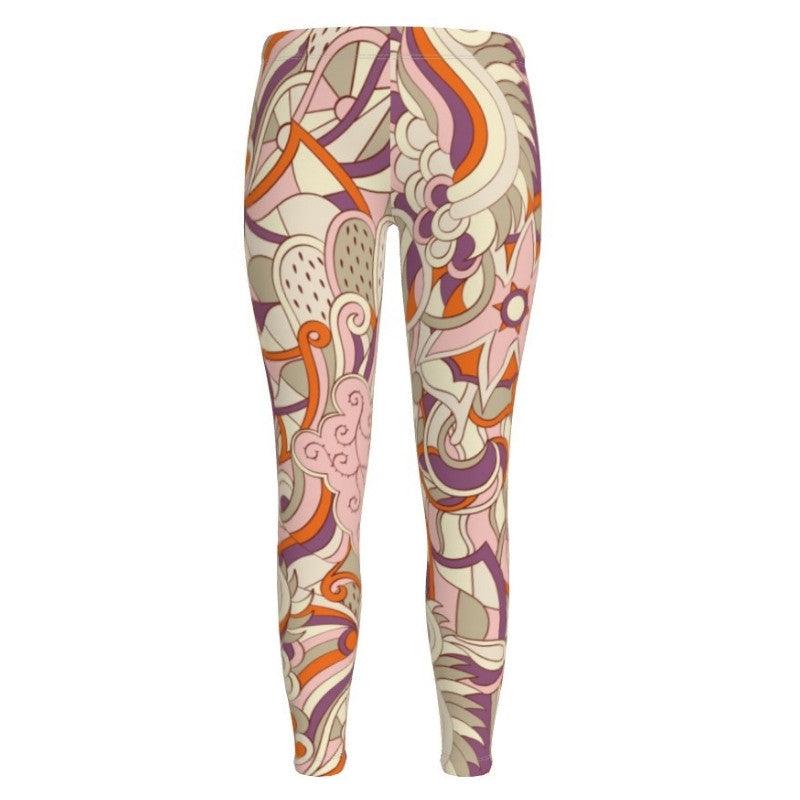 Amai LYCRA Spandex Leggings - Abstract Paisley Print - Retro 70's Boho Pants  - Swirls Psychedelic Vibrant Violet Orange Pink