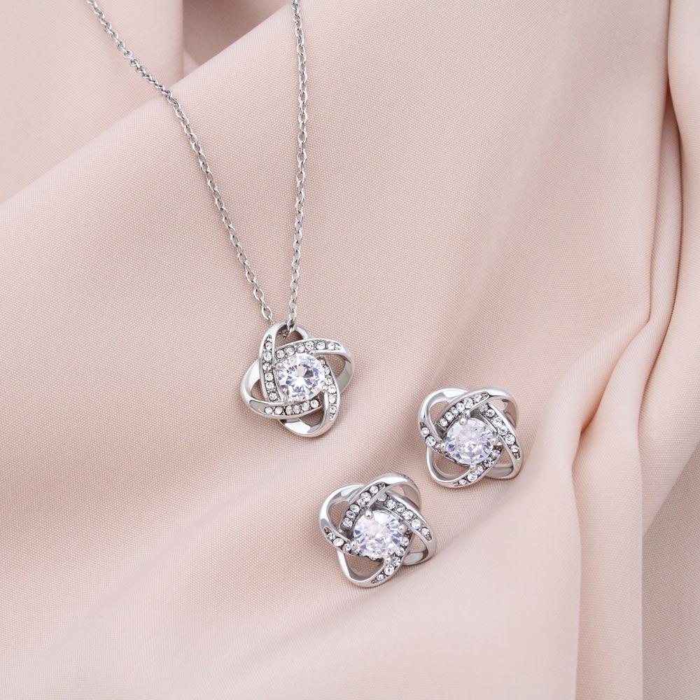 Juvia Cubic Zirconia - 14k White Gold Plated Stainless Steel Pendant Necklace Chain & Earrings Set - Love Knot - Round Cut - Gift Box