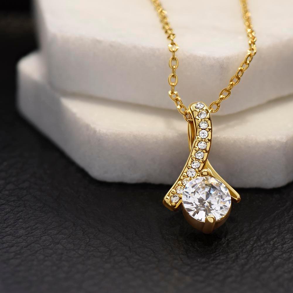 Perl Cubic Zirconia - 18k Yellow Gold Plated Stainless Steel Ribbon Pendant Necklace - CZ stone - Love - Gift Box - Round Cut