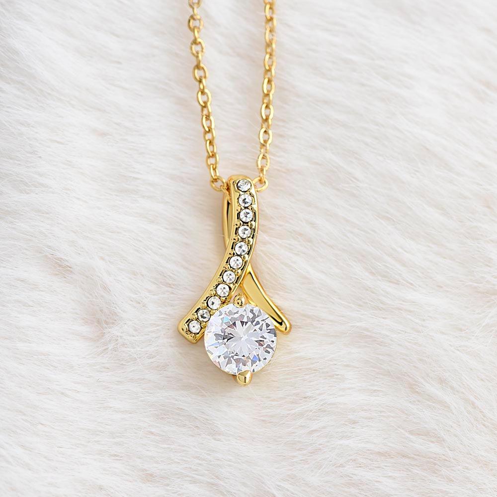 Perl Cubic Zirconia - 18k Yellow Gold Plated Stainless Steel Ribbon Pendant Necklace - CZ stone - Love - Gift Box - Round Cut