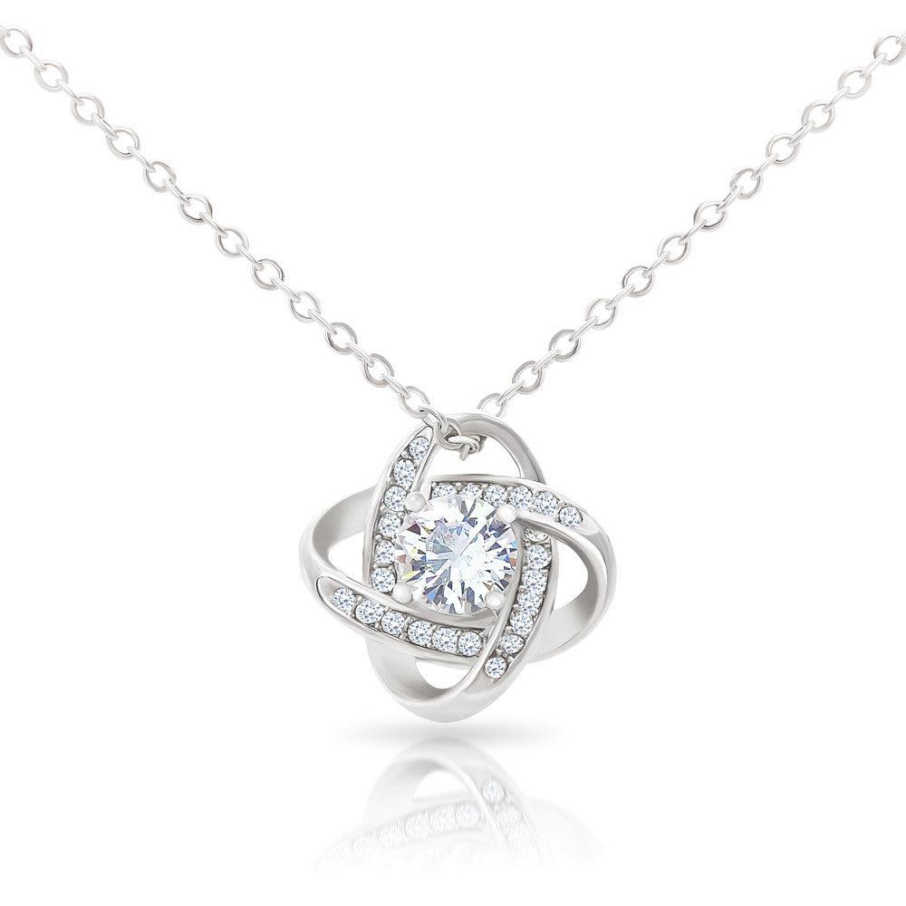 Juvia Cubic Zirconia - 14k White Gold Plated Stainless Steel Pendant Necklace Chain - Love Knot - Round Cut - Gift