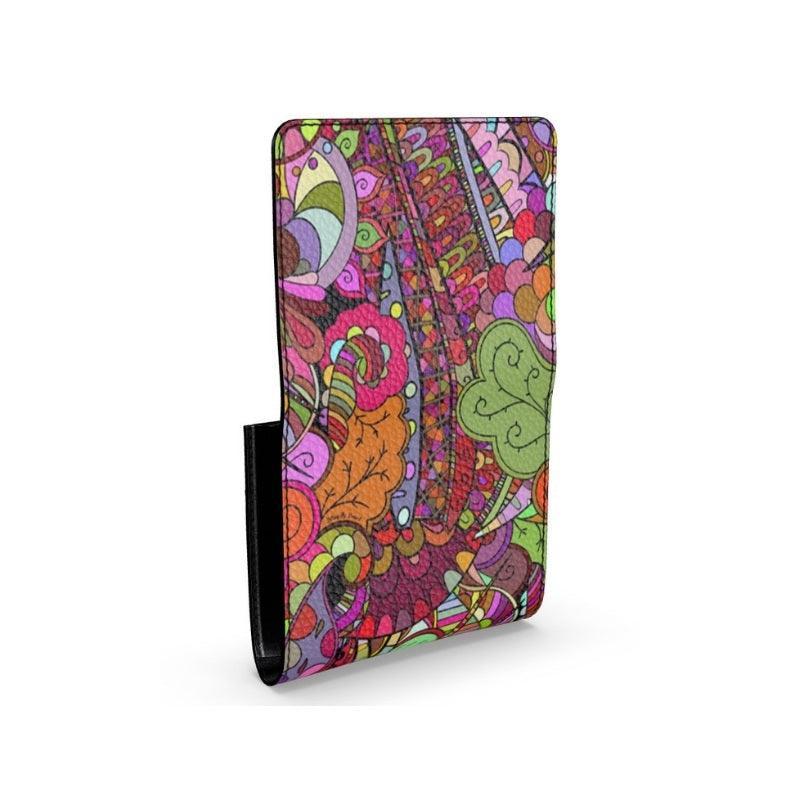 Betsu Pebble Textured Leather Snap Fold Over Small Women's Wallet - Multicolor Abstract Paisley Print Psychedelic Retro Floral Handmade