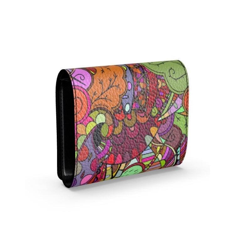 Betsu Pebble Textured Leather Snap Fold Over Small Women's Wallet - Multicolor Abstract Paisley Print Psychedelic Retro Floral Handmade