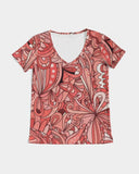 Citra Fitted V-Neck Women's Tee Top - Kaleidoscope Floral Print Red Orange