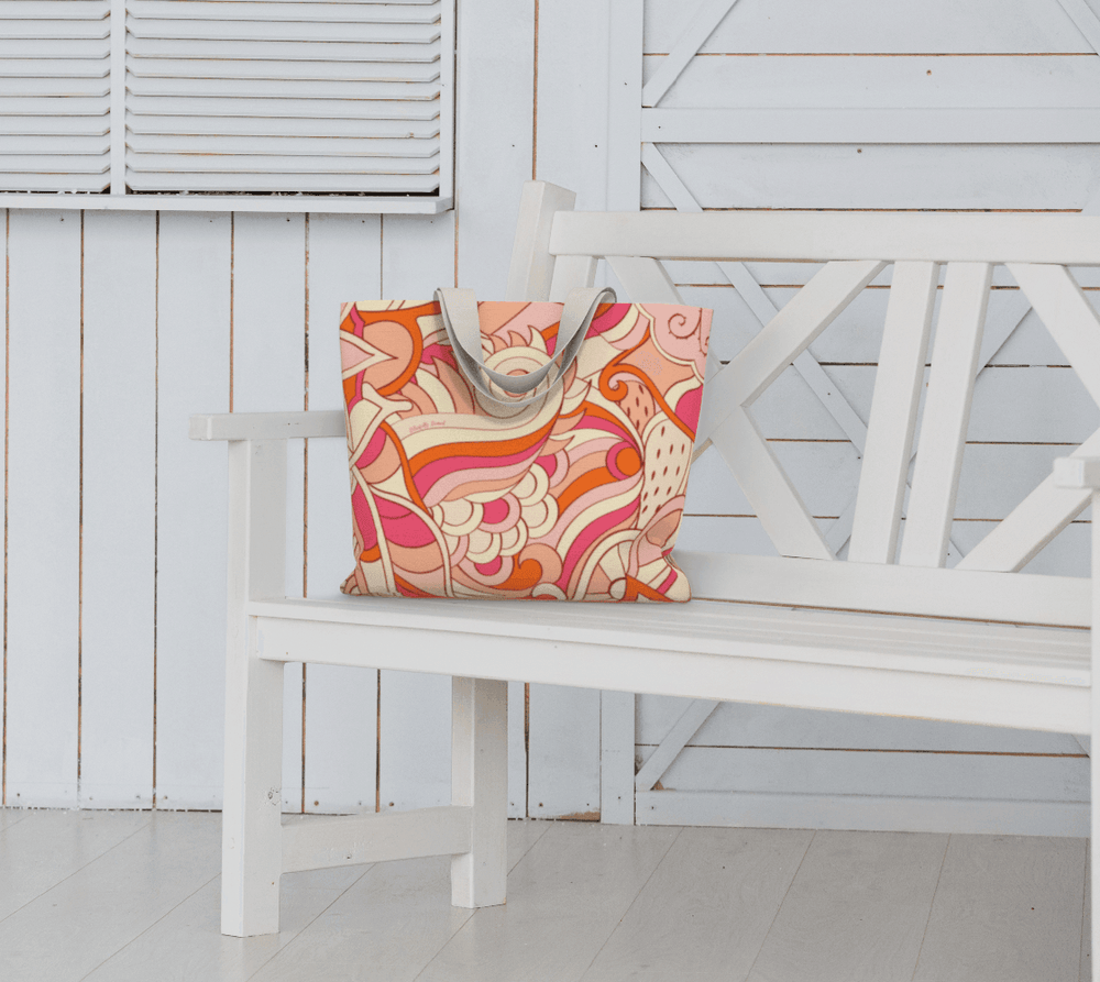Keki Canvas Carry All Tote Bag - Retro Psychedelic Abstract Print in Pink - Orange - Cotton - Market Shopper 