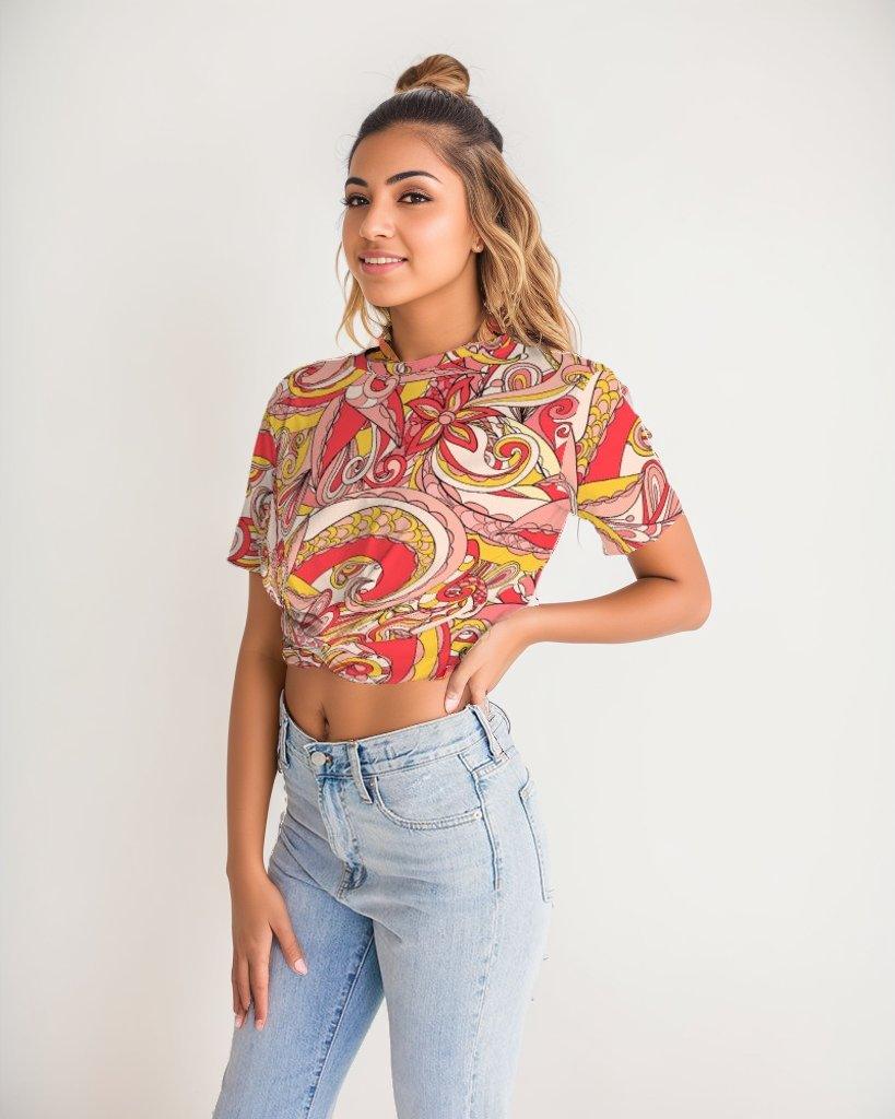 Patty Women's Twist-Front Crop Tee - Abstract Floral in Pink & Red | Blissfully Brand